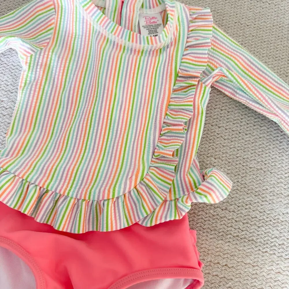 Ruffle Butts Pink Multicolor Striped Ruffle Trim Long Sleeve Rashguard Swimsuit